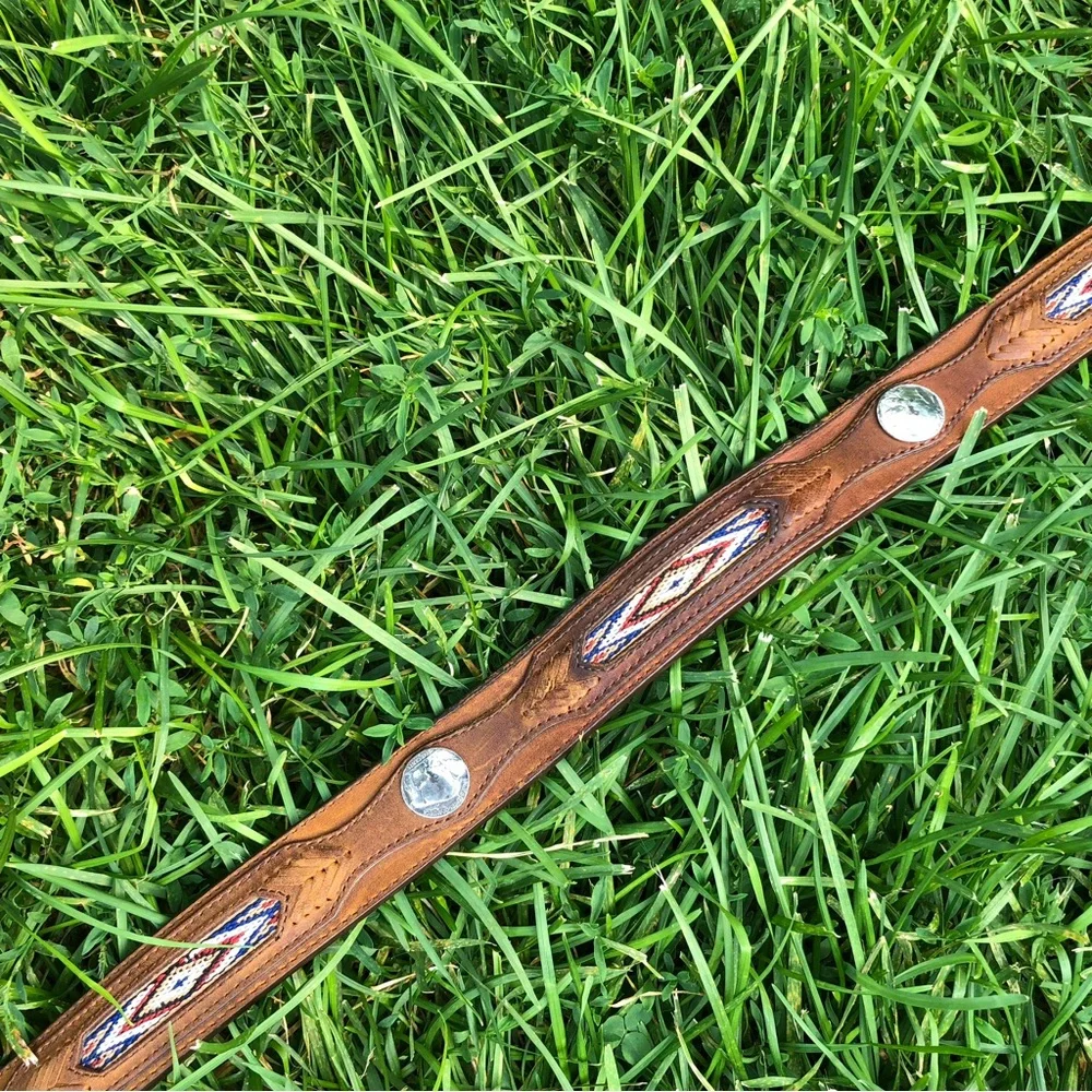 Orvis Brown Leather Belt with Southwestern Inlay and Silver Buckle
